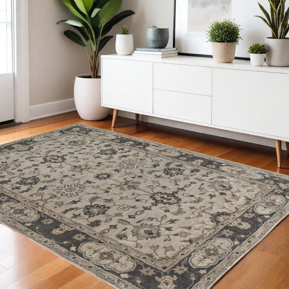 8' X 11' Gray Ivory And Taupe Wool Floral Tufted Handmade Stain Resistant Area Rug