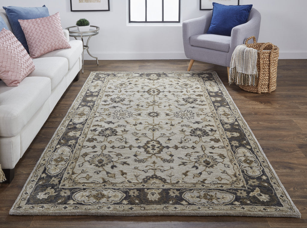 10' Gray and Ivory Wool Floral Hand Tufted Runner Rug