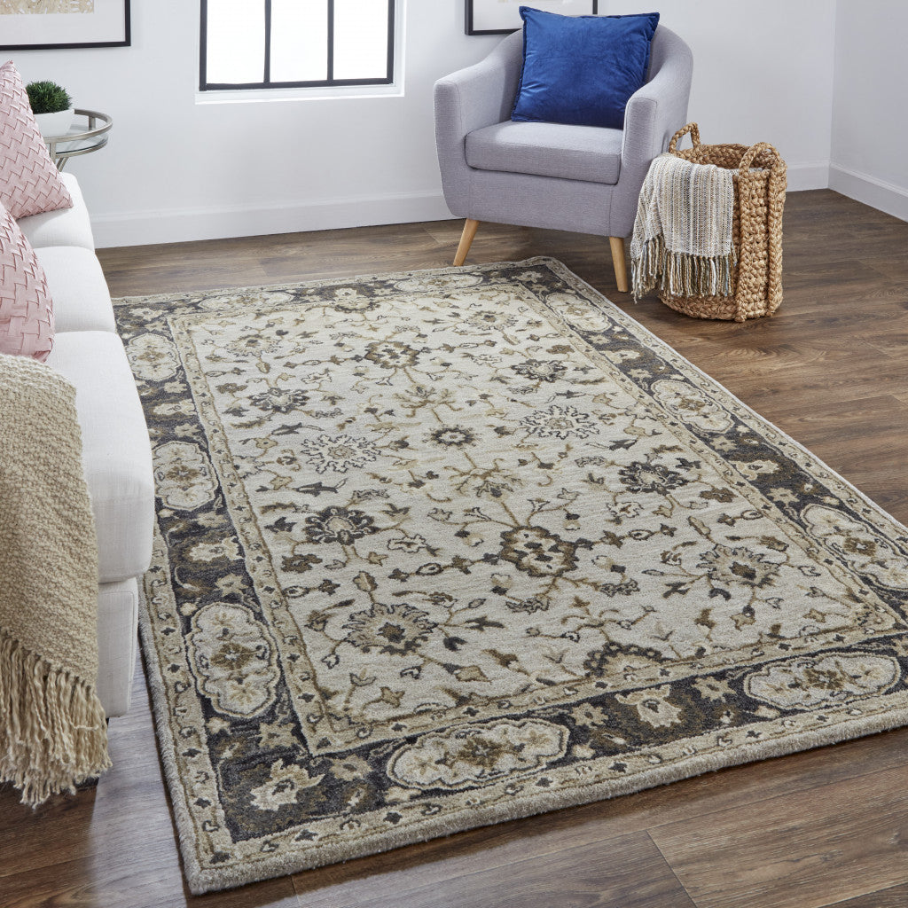 10' Gray and Ivory Wool Floral Hand Tufted Runner Rug