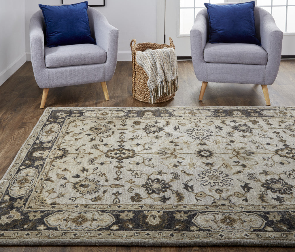 10' Gray and Ivory Wool Floral Hand Tufted Runner Rug