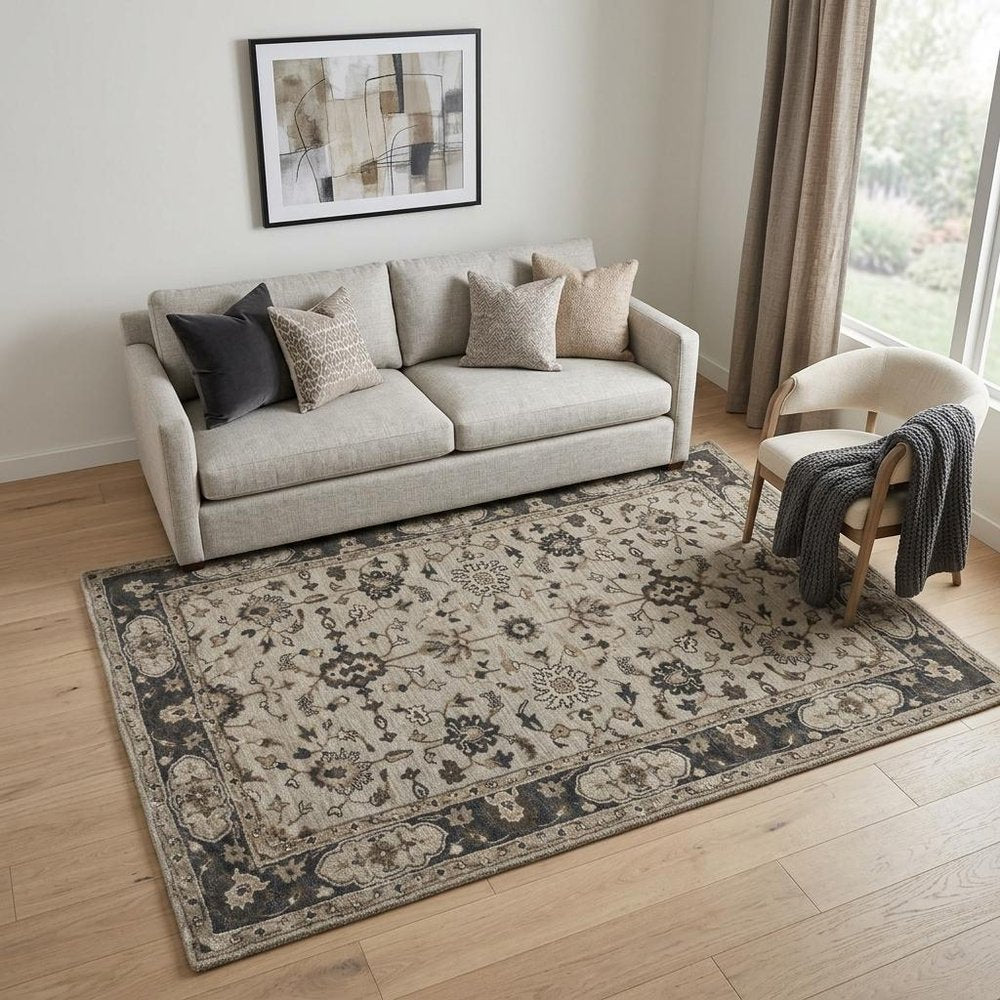 4' X 6' Gray and Ivory Wool Floral Hand Tufted Area Rug