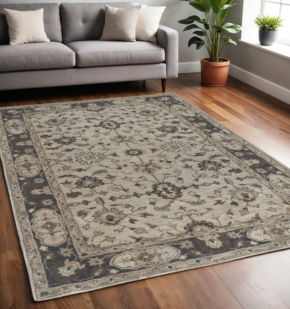 8' X 11' Gray Ivory And Taupe Wool Floral Tufted Handmade Stain Resistant Area Rug