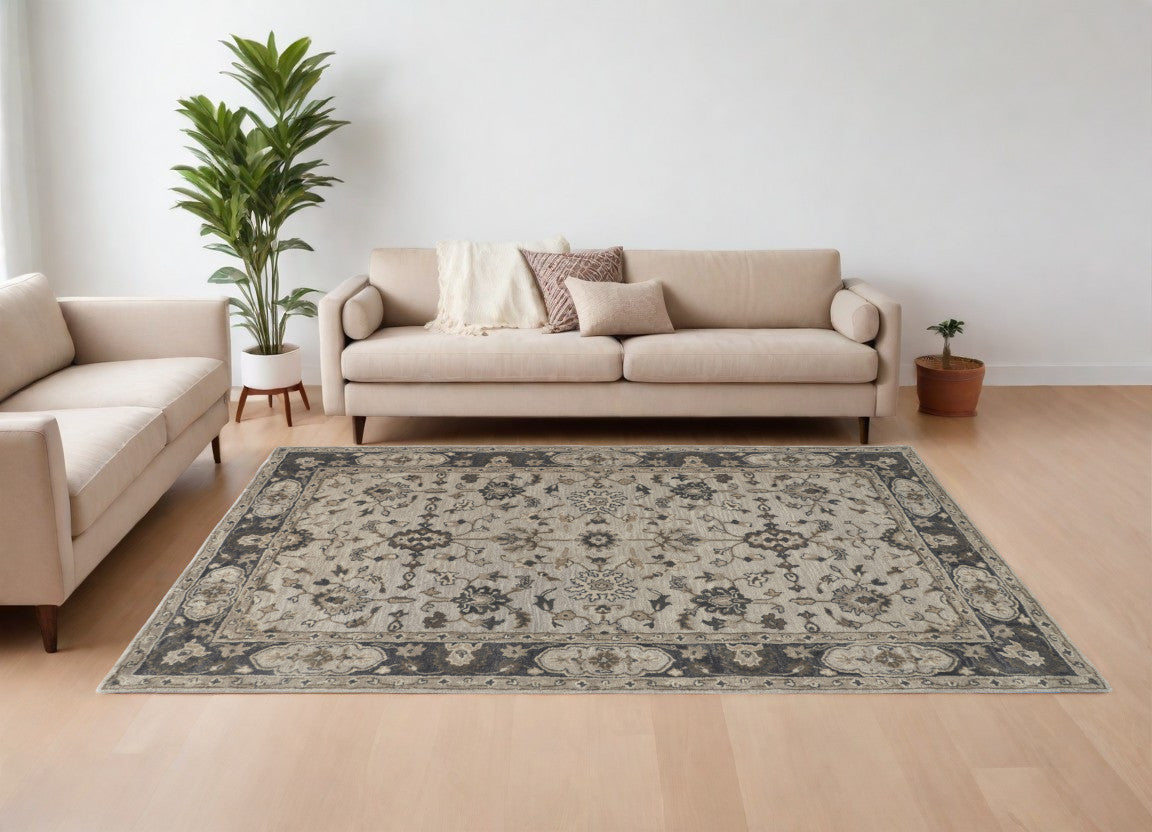 10' Gray and Ivory Wool Floral Hand Tufted Runner Rug