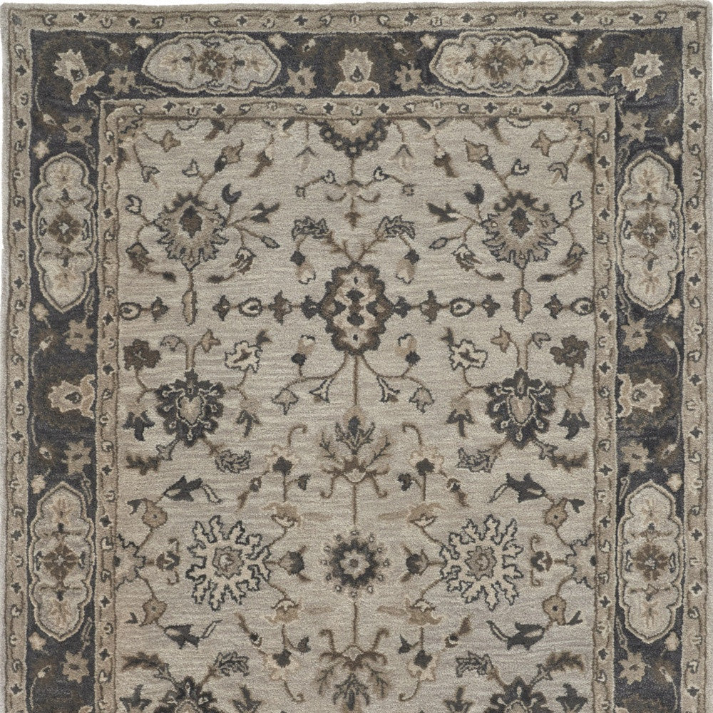 10' Gray and Ivory Wool Floral Hand Tufted Runner Rug