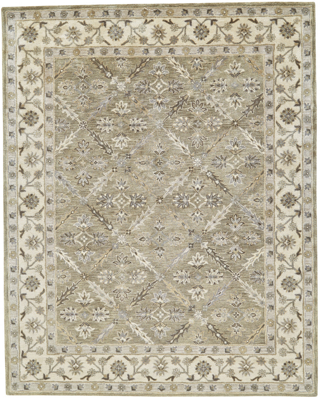 8' X 11' Green Brown And Taupe Wool Paisley Tufted Handmade Stain Resistant Area Rug