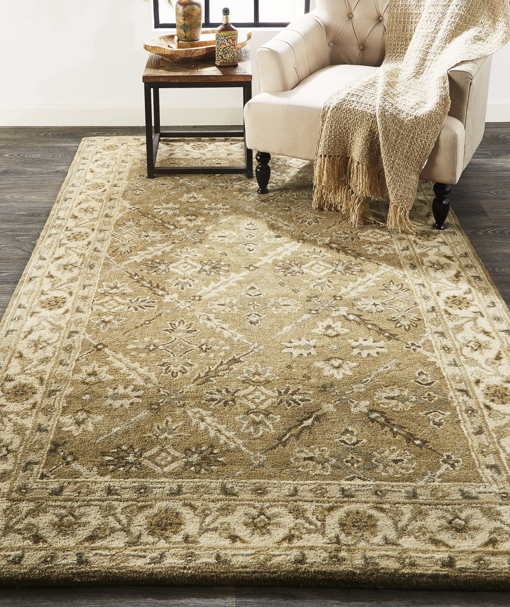 4' X 6' Green Brown And Taupe Wool Paisley Tufted Handmade Stain Resistant Area Rug