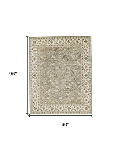 5' X 8' Green Brown And Taupe Wool Paisley Tufted Handmade Stain Resistant Area Rug