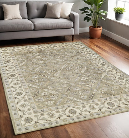 2' X 3' Green Brown And Taupe Wool Paisley Tufted Handmade Stain Resistant Area Rug