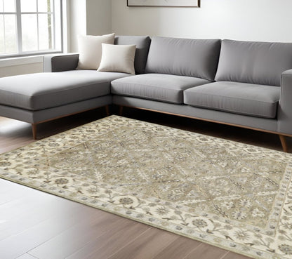 2' X 3' Green Brown And Taupe Wool Paisley Tufted Handmade Stain Resistant Area Rug