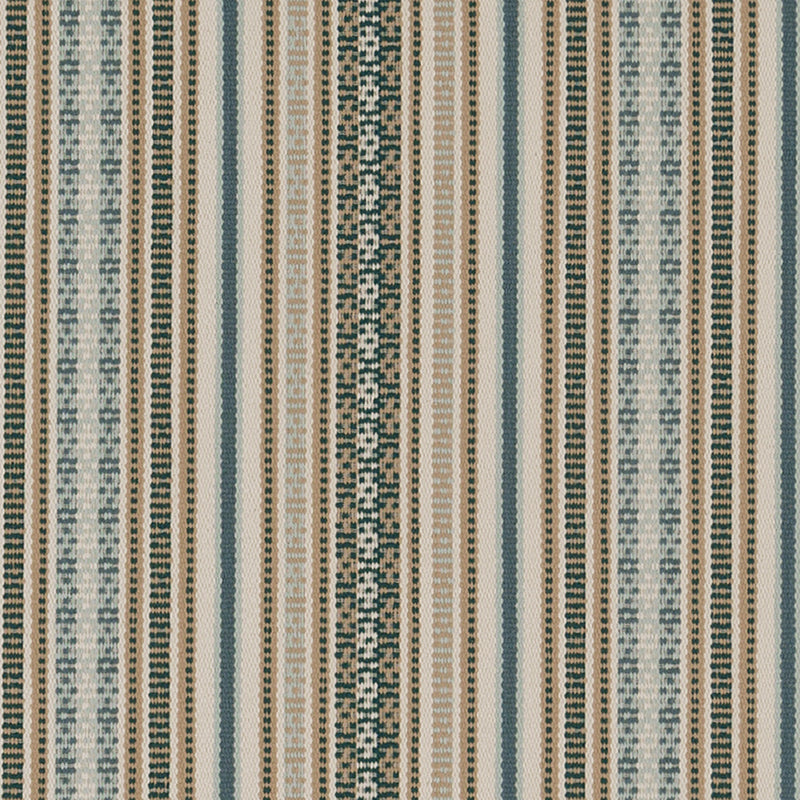 Woven textile with alternating teal, beige and cream vertical stripes in varied dotted and solid patterns.