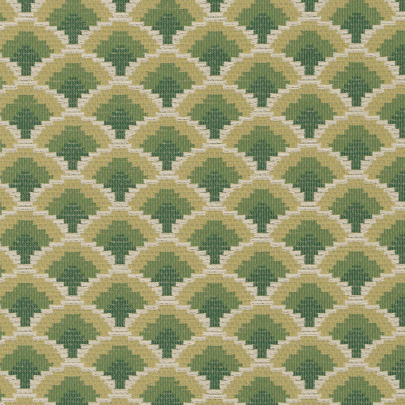 Green and beige woven fabric with a repeating scalloped-arch lattice pattern; ideal for upholstery or curtains.