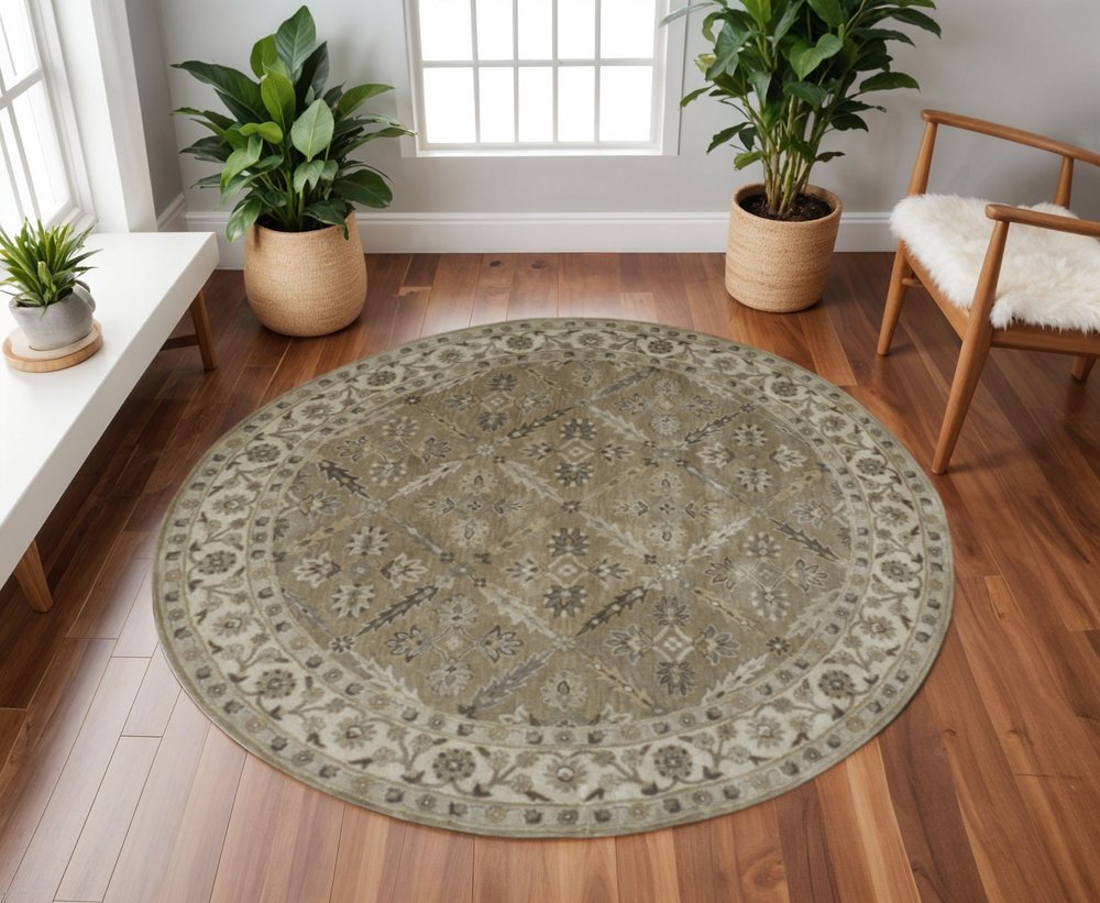 2' X 3' Green Brown And Taupe Wool Paisley Tufted Handmade Stain Resistant Area Rug