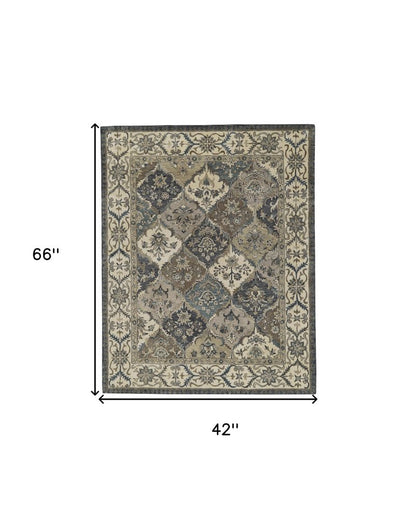 10' X 13' Gray Ivory And Blue Wool Floral Hand Tufted Area Rug