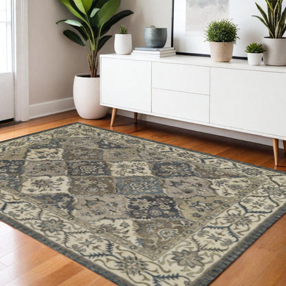 10' X 13' Gray Ivory And Blue Wool Floral Hand Tufted Area Rug
