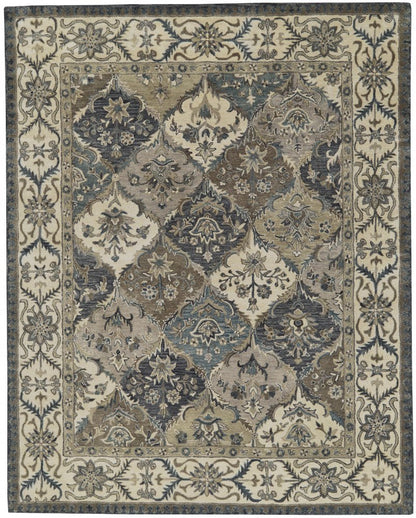 10' X 13' Gray Ivory And Blue Wool Floral Hand Tufted Area Rug
