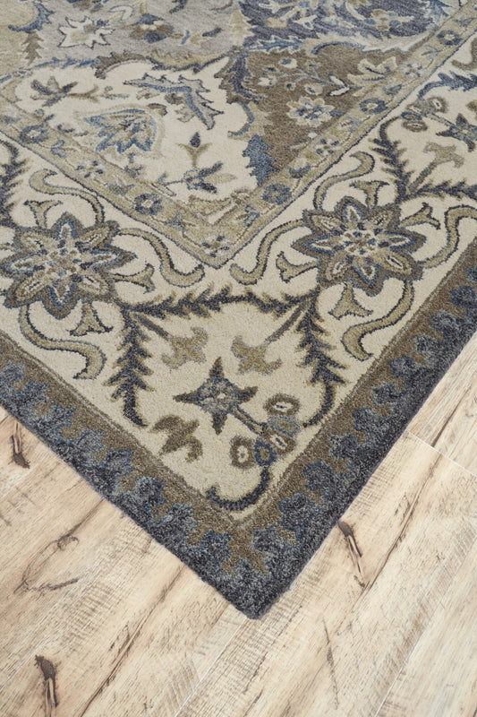 8' X 11' Blue Gray And Taupe Wool Paisley Tufted Handmade Stain Resistant Area Rug