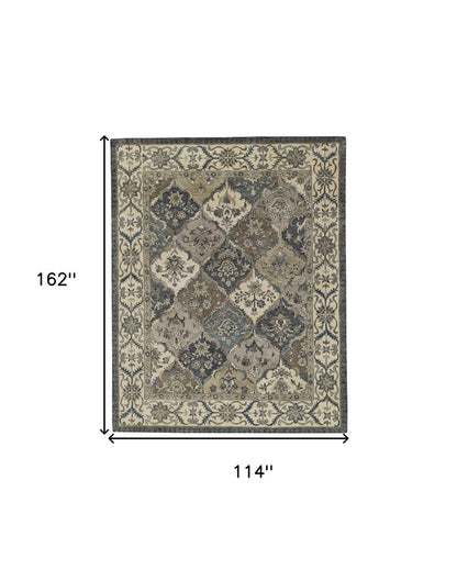 8' Gray Ivory And Blue Wool Floral Hand Tufted Round Rug