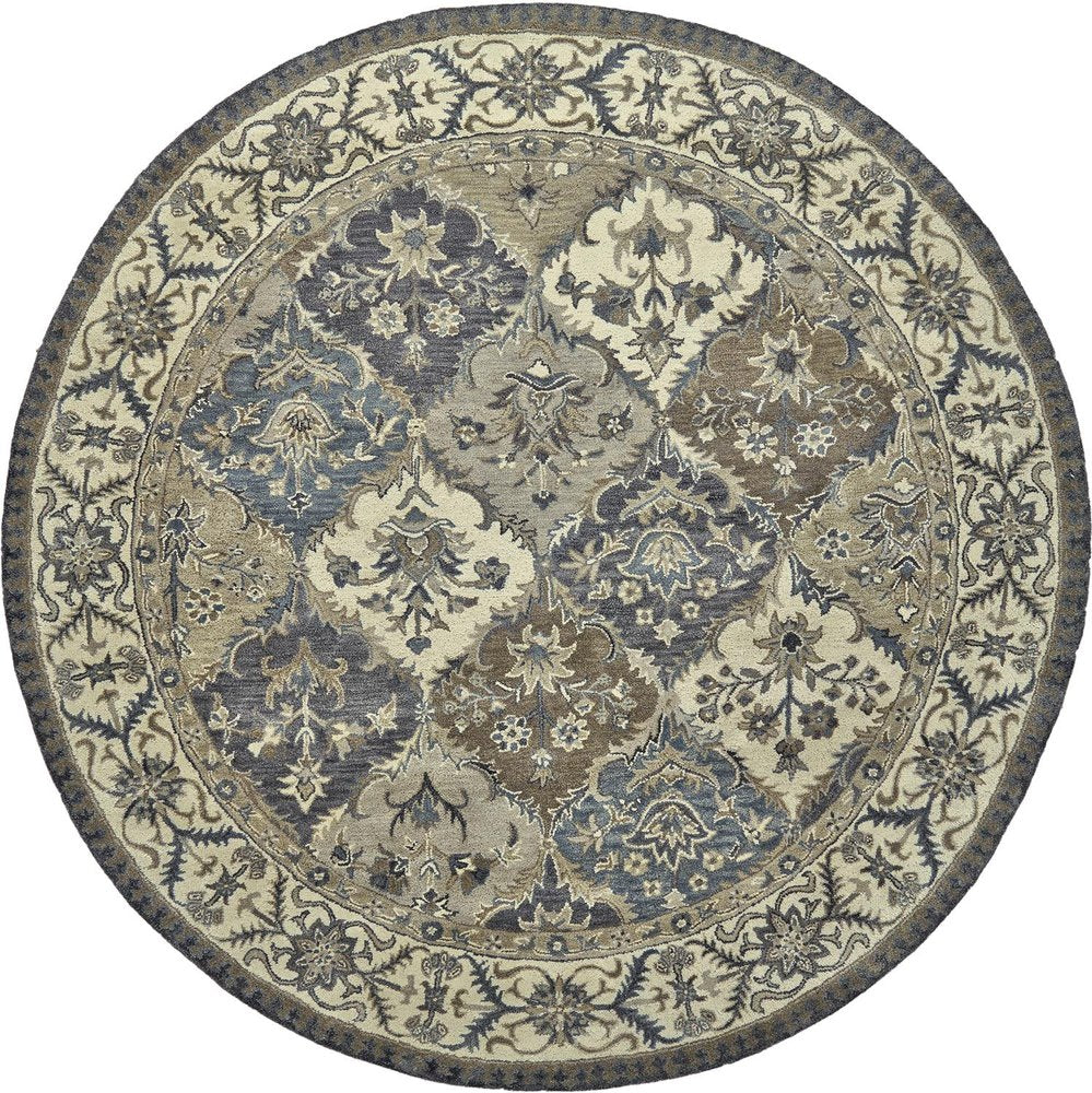8' Gray Ivory And Blue Wool Floral Hand Tufted Round Rug
