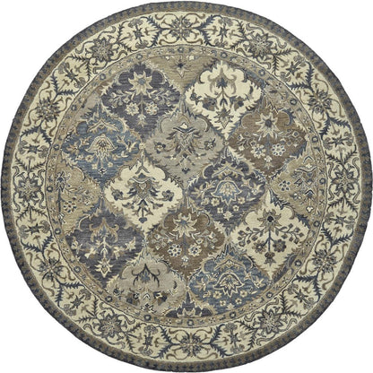 8' Gray Ivory And Blue Wool Floral Hand Tufted Round Rug