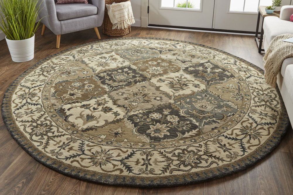 8' Gray Ivory And Blue Wool Floral Hand Tufted Round Rug