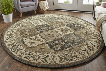 8' Gray Ivory And Blue Wool Floral Hand Tufted Round Rug