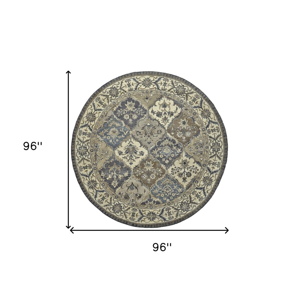 8' Gray Ivory And Blue Wool Floral Hand Tufted Round Rug