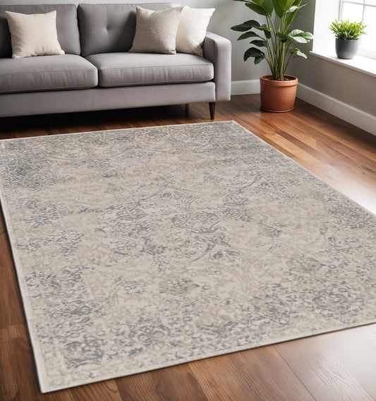 8' Ivory Gray And Black Abstract Stain Resistant Runner Rug