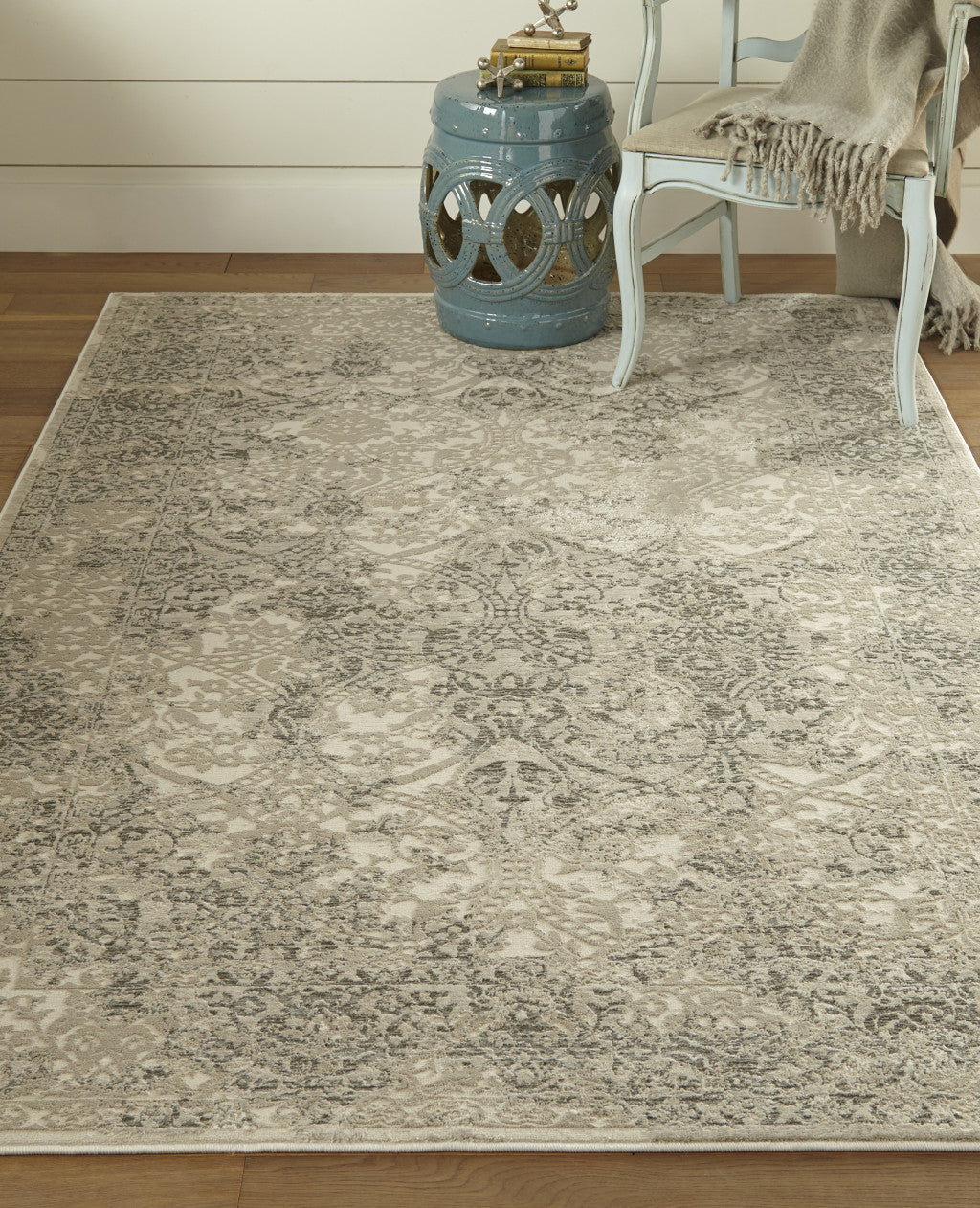 5' X 8' Ivory Gray And Black Abstract Stain Resistant Area Rug