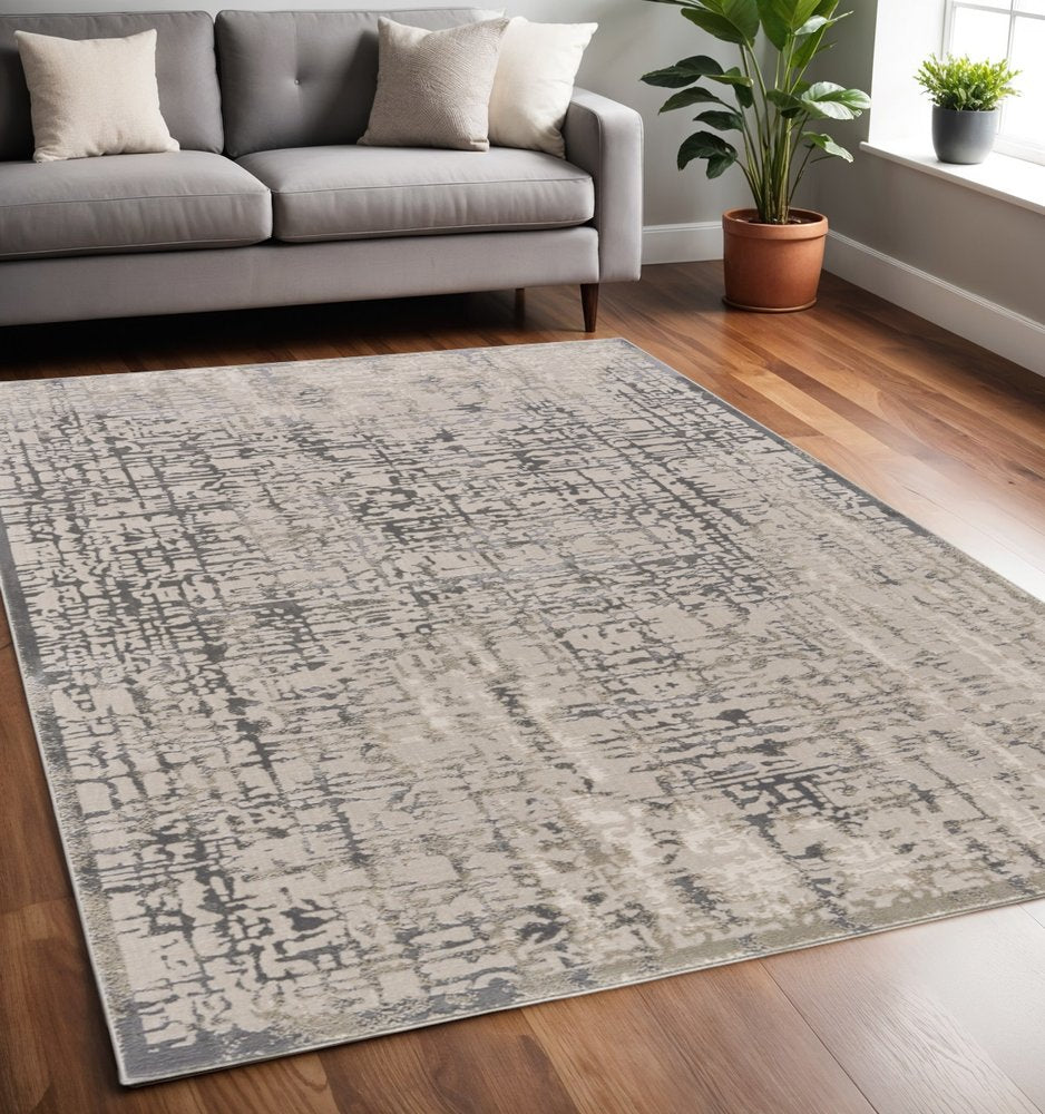 8' Gray and Ivory Abstract Runner Rug
