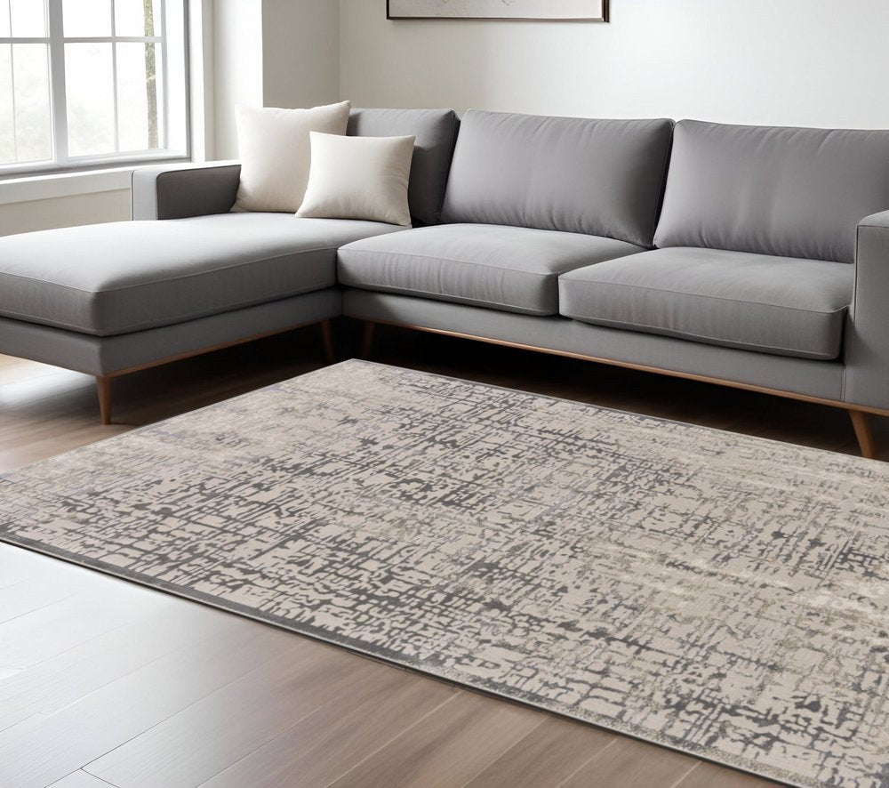 8' Gray and Ivory Abstract Runner Rug