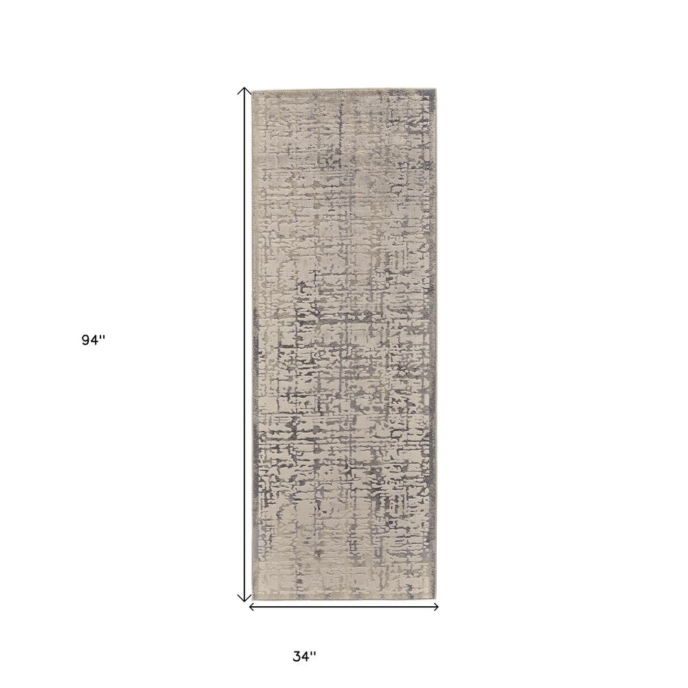 8' Gray and Ivory Abstract Runner Rug