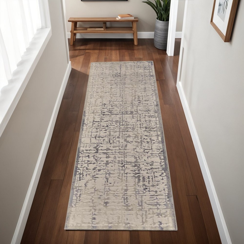 8' Gray and Ivory Abstract Runner Rug