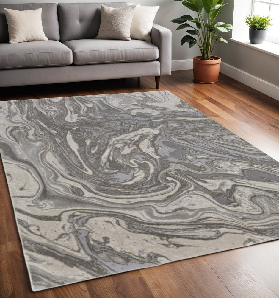 5' X 8' Gray Ivory And Silver Abstract Area Rug