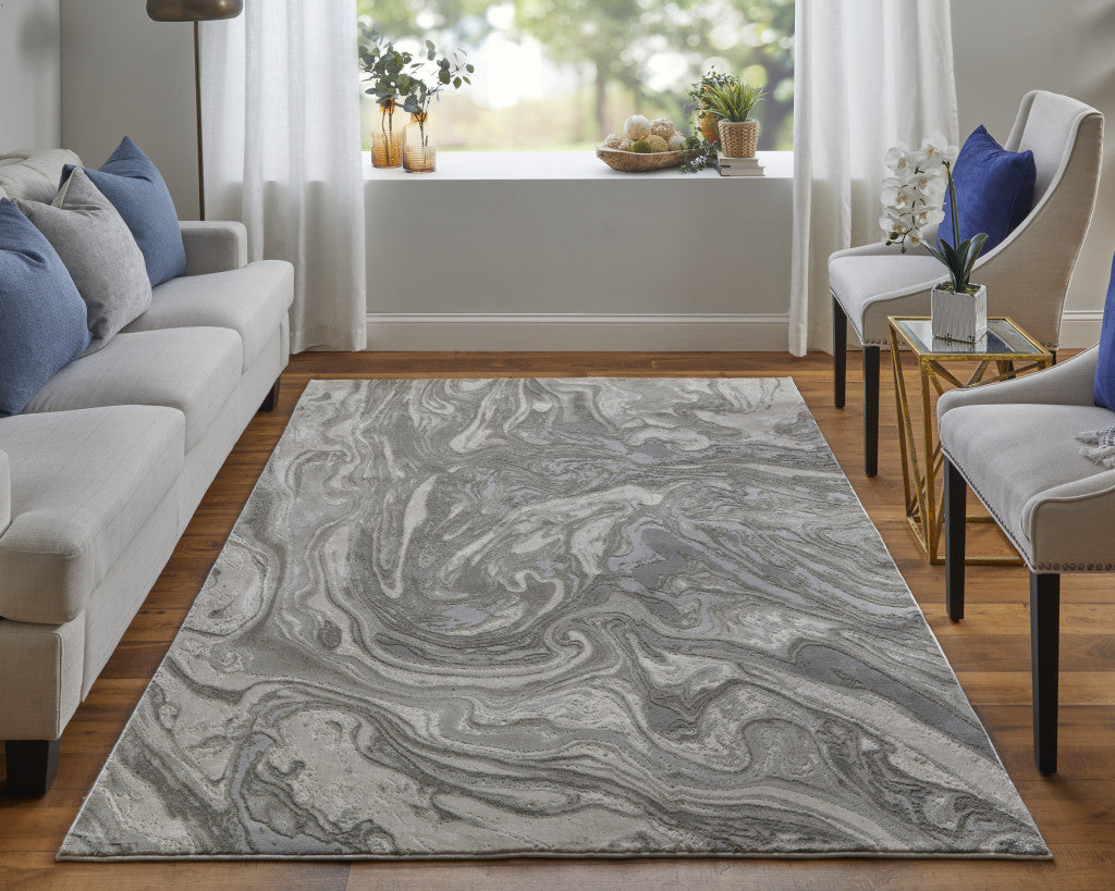 5' X 8' Gray Ivory And Silver Abstract Stain Resistant Area Rug