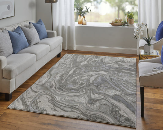 10' X 13' Gray Ivory And Silver Abstract Stain Resistant Area Rug