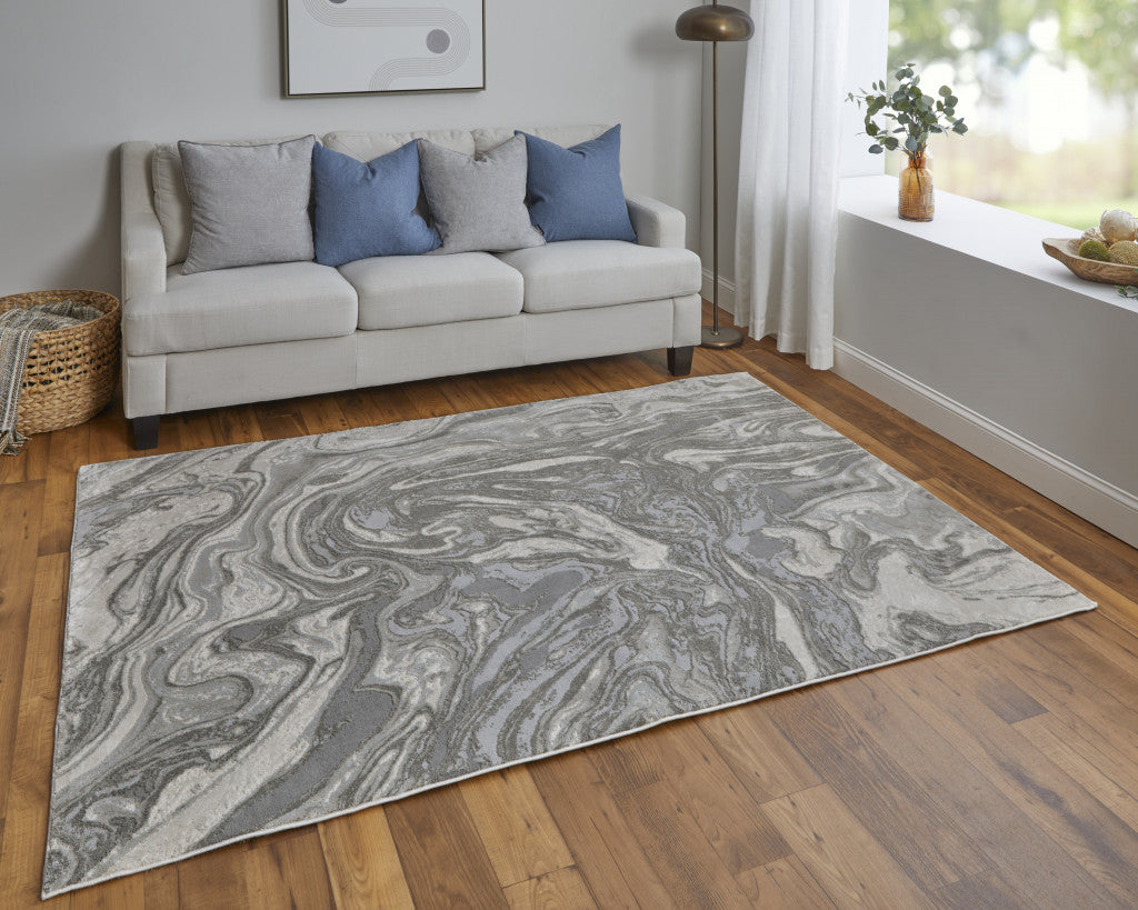 5' X 8' Gray Ivory And Silver Abstract Stain Resistant Area Rug