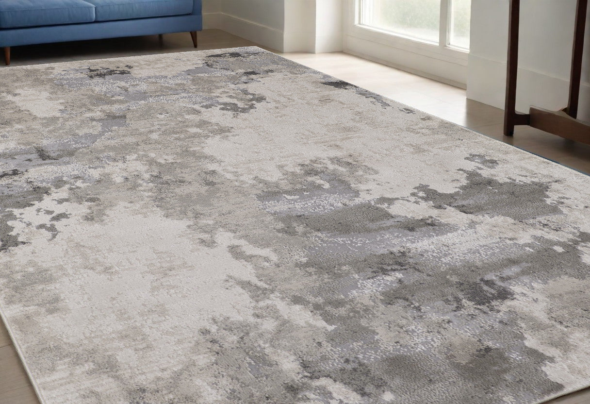 8' X 11' Ivory And Gray Abstract Stain Resistant Area Rug