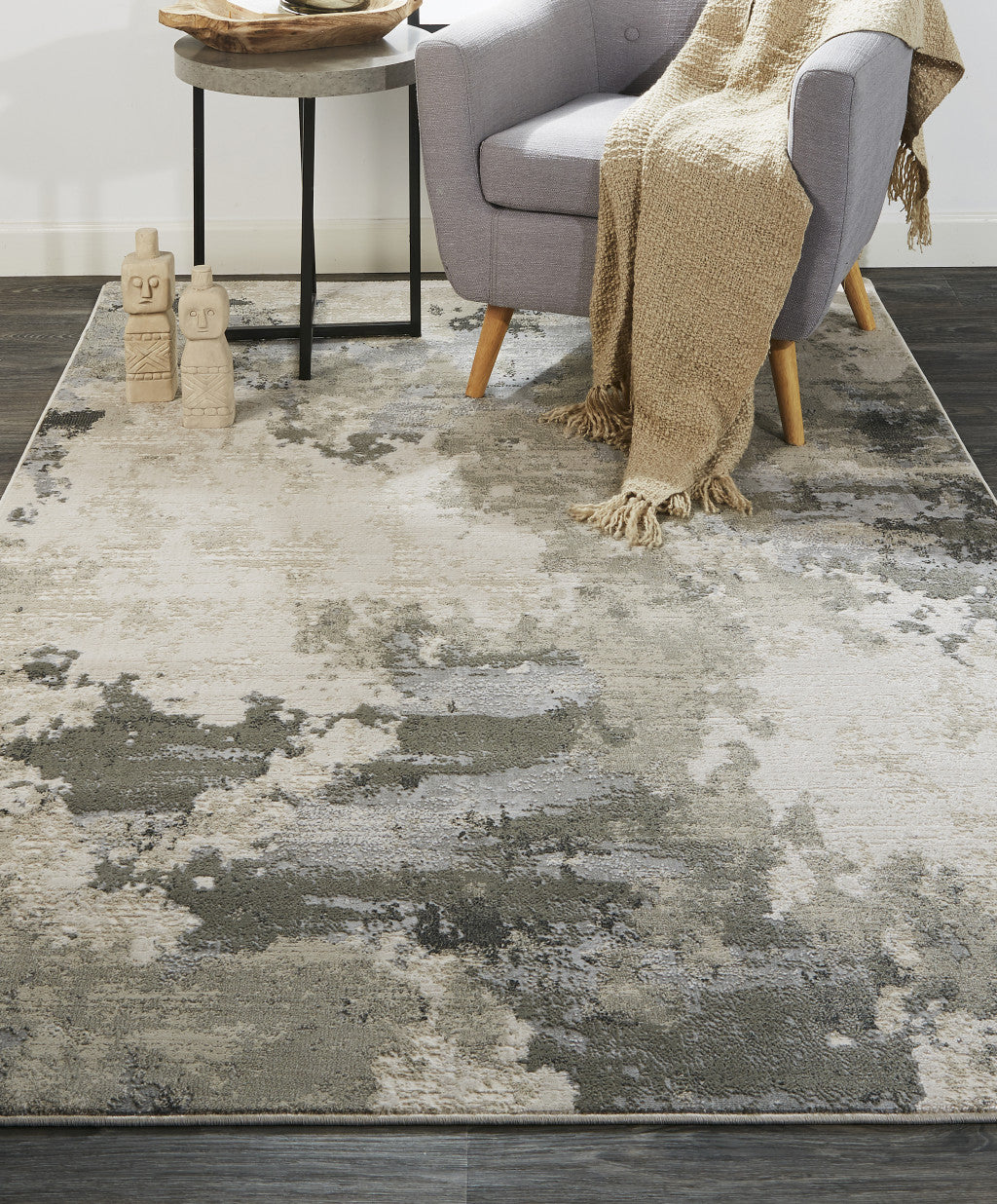 8' X 11' Ivory And Gray Abstract Stain Resistant Area Rug