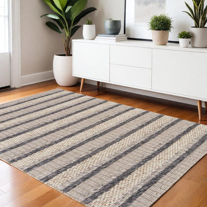 4' X 6' Gray And Ivory Wool Striped Hand Woven Area Rug