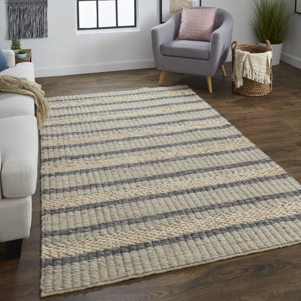 4' X 6' Gray And Ivory Wool Striped Hand Woven Area Rug