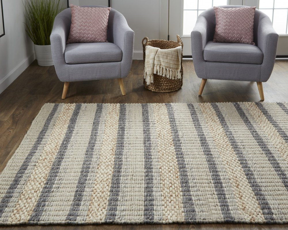 4' X 6' Gray And Ivory Wool Striped Hand Woven Area Rug