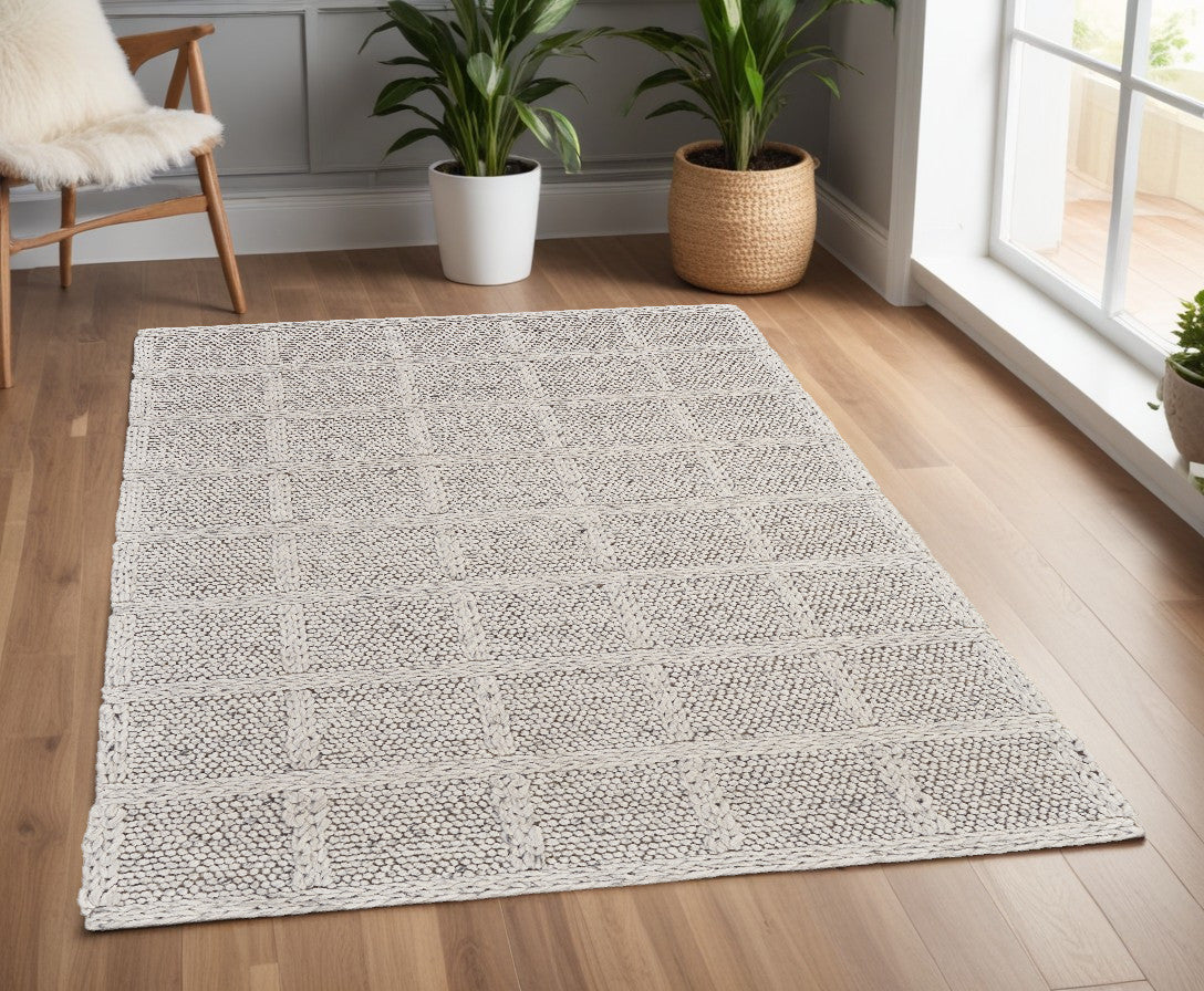 4' X 6' Gray and Ivory Wool Plaid Hand Woven Area Rug