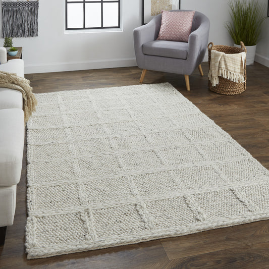 8' X 11' Gray and Ivory Wool Plaid Hand Woven Area Rug