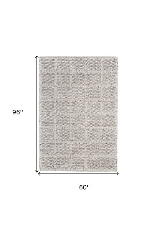 5' X 8' Gray and Ivory Wool Plaid Hand Woven Area Rug