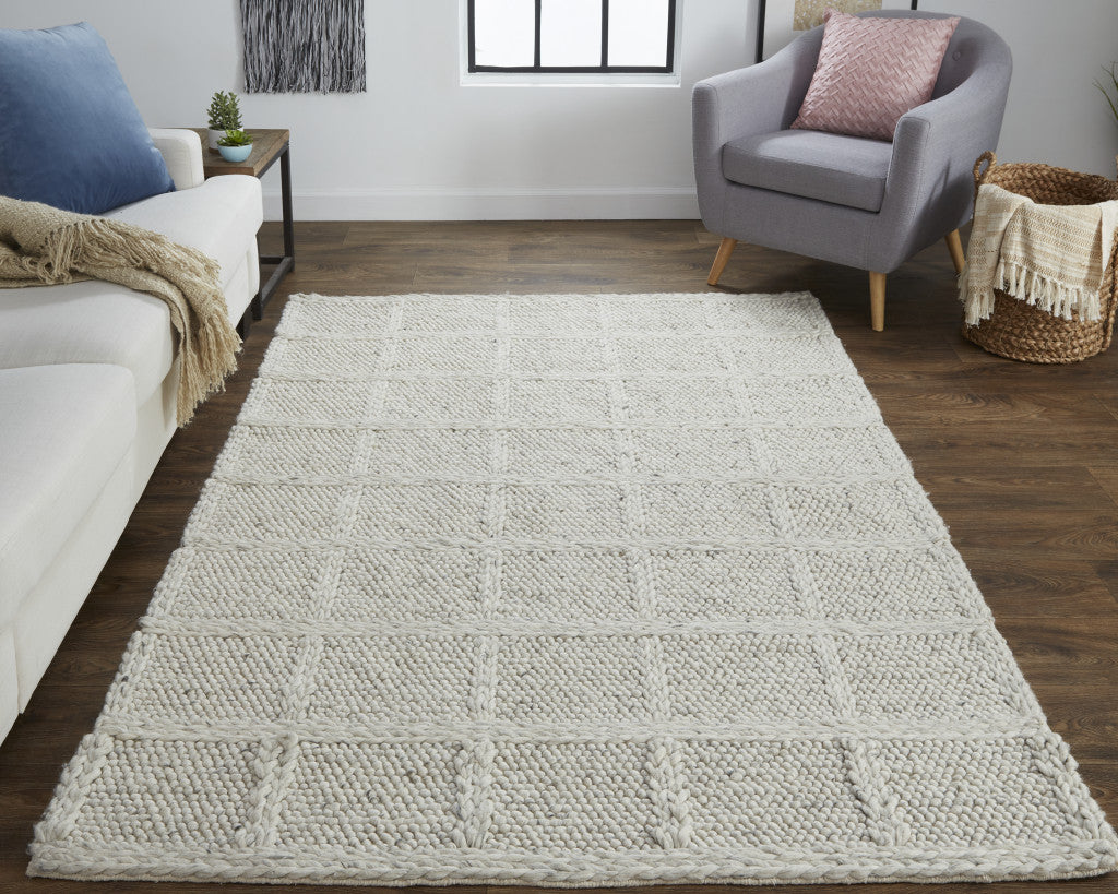 8' X 11' Ivory And Gray Wool Plaid Hand Woven Stain Resistant Area Rug