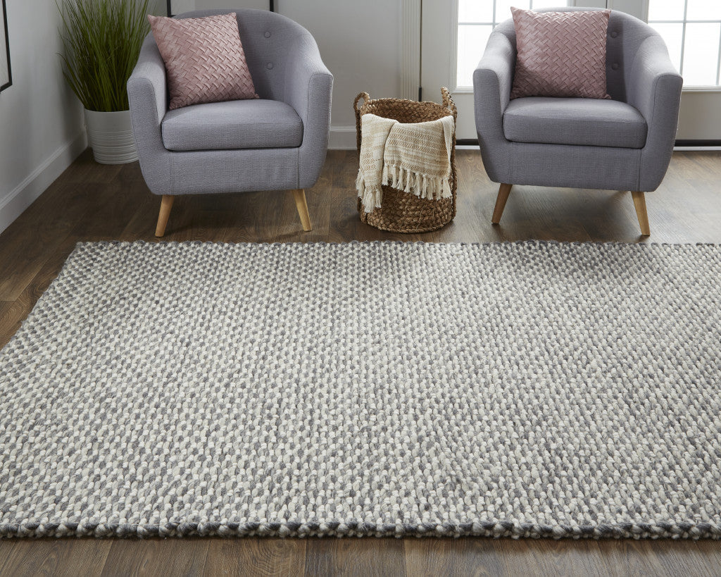 8' X 11' Gray and Ivory Wool Floral Hand Woven Area Rug