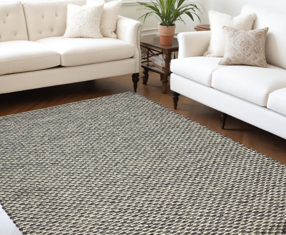 8' X 11' Gray and Ivory Wool Floral Hand Woven Area Rug