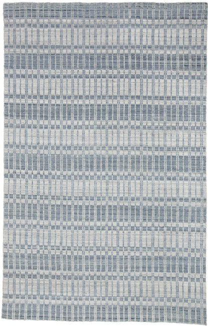 7' X 9' Ivory And Blue Striped Hand Woven Area Rug
