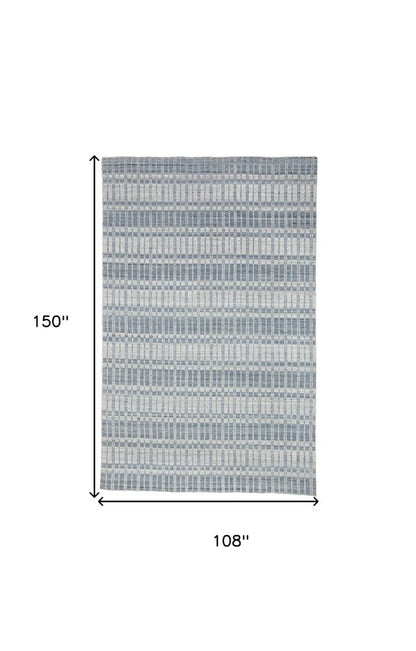 7' X 9' Ivory And Blue Striped Hand Woven Area Rug
