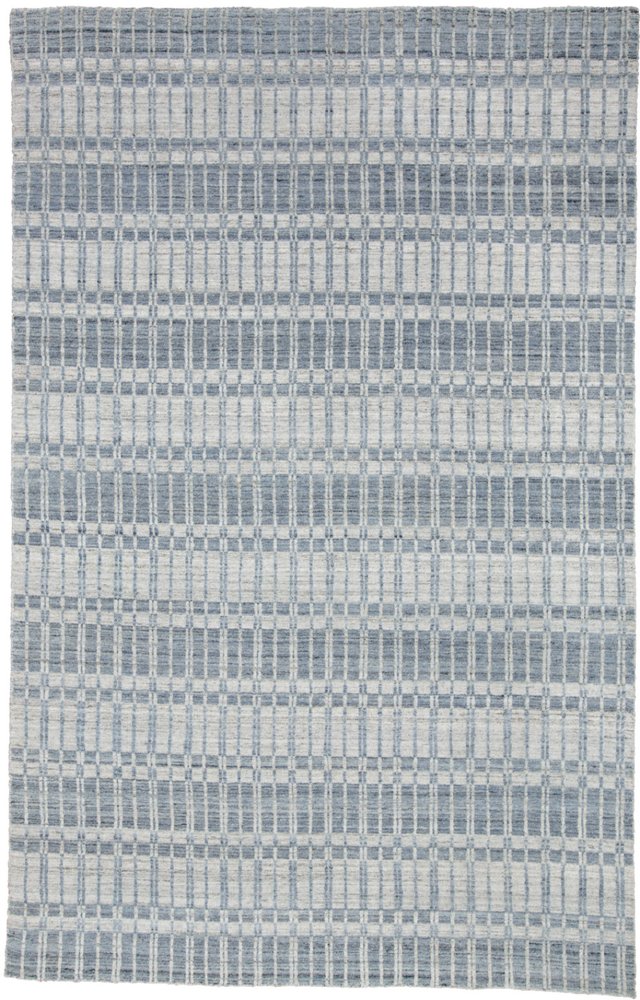 7' X 9' Ivory And Blue Striped Hand Woven Area Rug